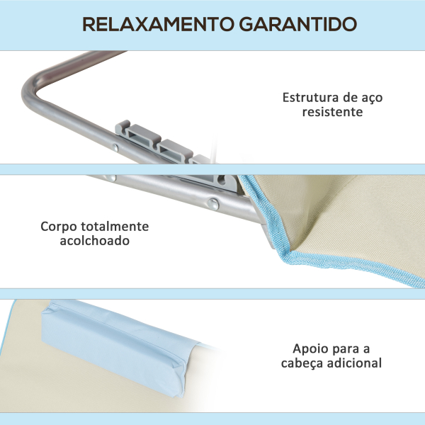 Outsunny Conjunto de 2 Esteiras de Praia Dobráveis 124x53x50cm com Encosto Ajustável e Apoio para a Cabeça Esteira de Praia Tecido Oxford Aço com Bolsa de Transporte Bege e Azul - Image 6
