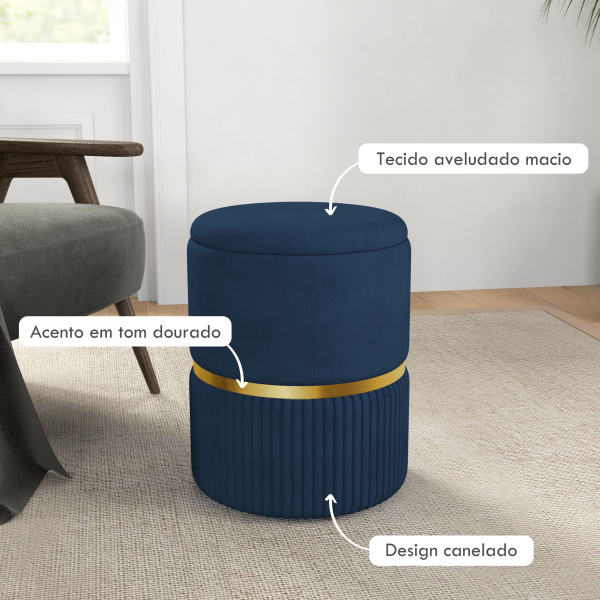 HOMCOM Banco de Armazenamento para Dormitório Puff de Arrumação Estofado em Veludo com Pés Antiderrapantes Ø36x44 cm Azul Escuro - Image 5