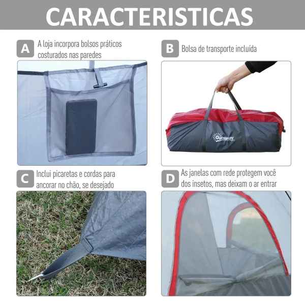 Outsunny Tenda de Campismo para 5-6 Pessoas Impermeável 3000mm+ Anti UV com Bolsa de Transporte e Gancho para Luz 455x230x180cm Cinza - Image 5