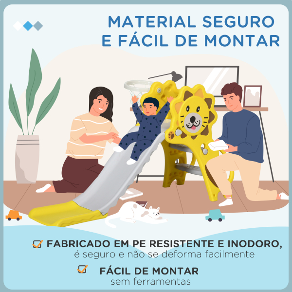 AIYAPLAY Escorrega para Crianças 2 em 1 com 2 Degraus Cesta de basquetebol e Desenho de Leão para Interior 131x50x74 cm Amarelo e Cinza - Image 7