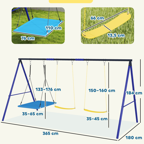 AIYAPLAY Conjunto de Baloiços para Crianças com 2 Baloiços Simples e 1 Baloiço Plataforma 365x180x184 cm Multicor - Image 3