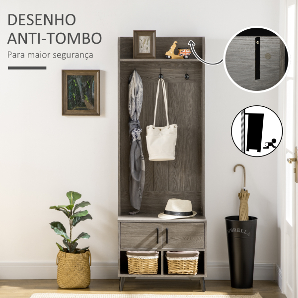 HOMCOM Móvel Cabide de Entrada com Sapateiro 3 Ganchos 2 Portas 2 Compartimentos e Prateleira de Armazenamento 60x34x170 cm Cinza - Image 7