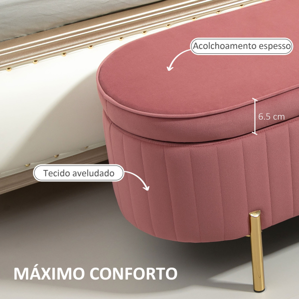 HOMCOM Banco Pé de Cama Estofado em Veludo Banco de Arrumação e Pés Dourado Banco para Entrada Dormitório 108x44x43,5 cm Rosa - Image 4