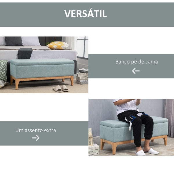 HOMCOM Banco Pé de Cama com Arrumação 72L Estofado em Linho com Pés de Madeira e Almofadas Ajustáveis  110x39x45 cm Cinzento Azulado - Image 5