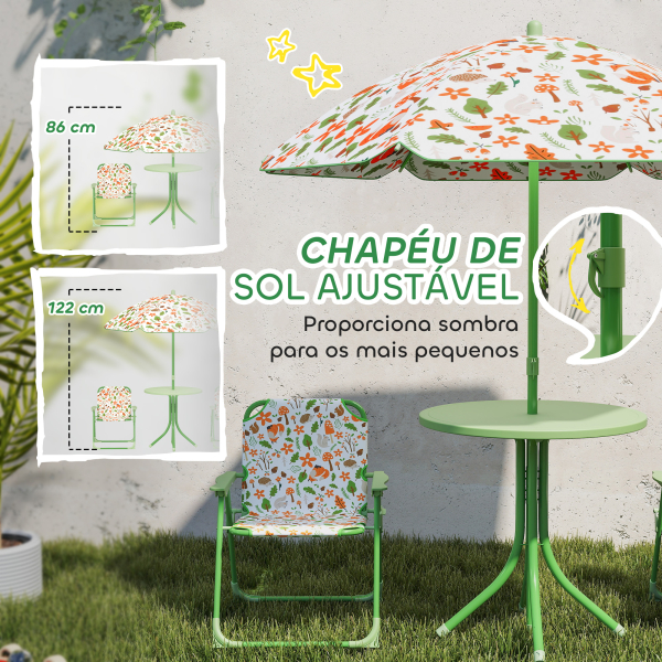AIYAPLAY Conjunto de Mesa e Cadeiras para Crianças de Jardim com Cadeiras Dobráveis Chapéu de Sol Ajustável e Desenho de Raposas Verde - Image 5
