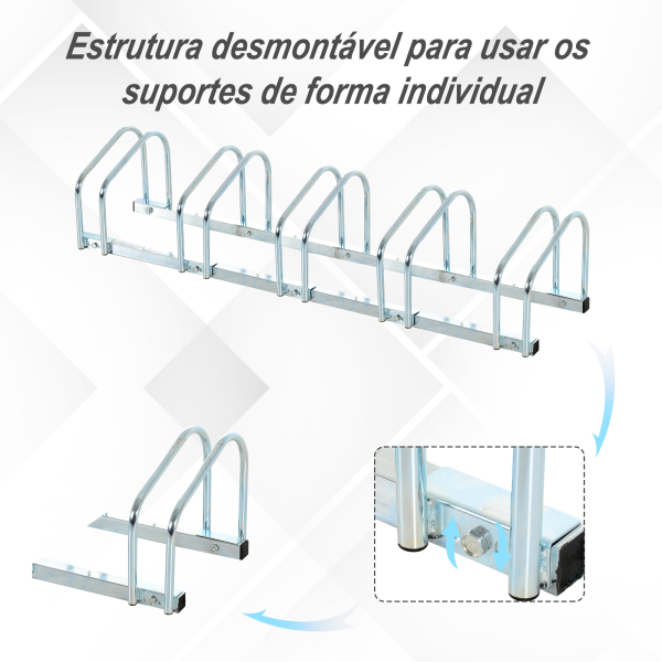 HOMCOM Estacionamento para 5 Bicicletas Suporte de Aço para Estacionar Bicicletas no Chão para Interior e Exterior 145x33x27cm Prata - Image 5