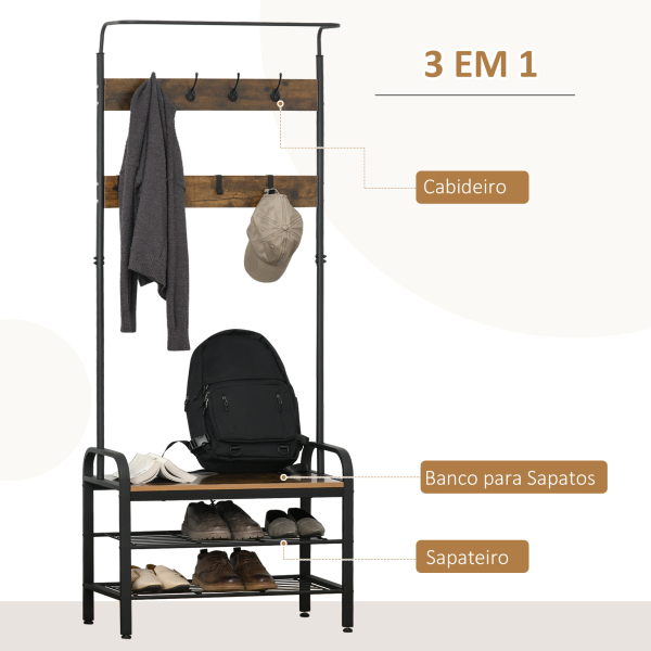 HOMCOM Móvel Cabide de Entrada com 8 Ganchos e Sapateira Armário de Entrada com Cabides 72x34x185cm Marrom e Preto - Image 6