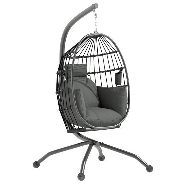 Outsunny Cadeira Suspensa com Suporte Cadeira Baloiço de Jardim com Cesto Dobrável Almofada e Apoio para a Cabeça 120x88x192 cm Preto