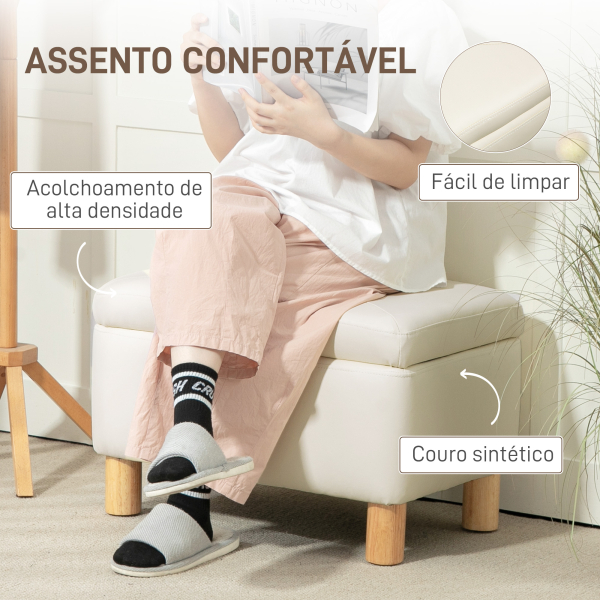 HOMCOM Baú de Armazenamento para Dormitório 33L Puff de Armazenamento Estofado em PU Banco de Arrumação 60x38x40 cm Creme - Image 6