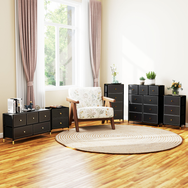 HOMCOM Cómoda para Dormitório Cómoda de Tecido com 4 Gavetas Dobráveis com Frentes de Couro PU 46x30x98 cm Preto - Image 9