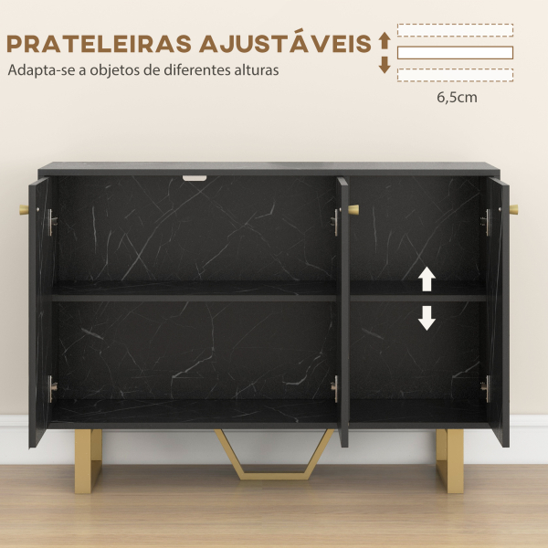 HOMCOM Aparador de Sala de Estar com 2 Armários e Prateleira Interior Ajustável com Efeito Mármore 107x35x75 cm Preto e Dourado - Image 5