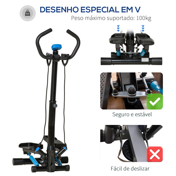 HOMCOM Máquina de Step Fitness com Guiador Ajustável em Altura Tela LCD Bandas Elásticas Pedais Antiderrapantes Equipamento de Exercício para Academia em Casa 55x53x118-128cm Preto - Image 4