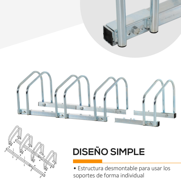 HOMCOM Estacionamento para 4 Bicicletas Suporte de Aço para Estacionar Bicicletas no Chão para Interior e Exterior 110x33x27 cm Prata - Image 9