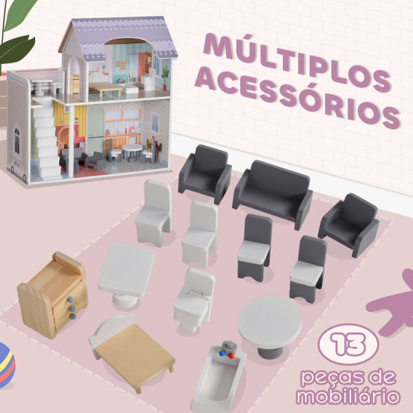 AIYAPLAY Casa de Bonecas com Móveis e Acessórios Casa de Bonecas de Madeira com Varanda e 2 Andares  60x26,6x60 cm Multicor - Image 5