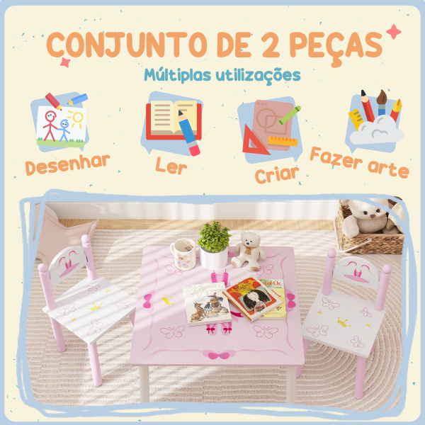 AIYAPLAY Mesa e Cadeiras para Crianças Conjunto de 3 Peças com Mesa Cadeiras Infantil Estilo Princesa pRosa e Branco - Image 4