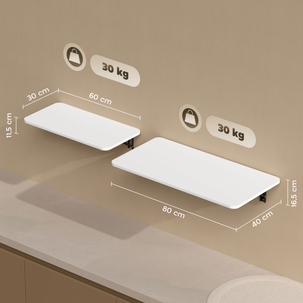 HOMCOM Conjunto de 2 Mesas Dobráveis de Parede Secretárias Flutuantes para Espaços Pequenos Mesas Rebatíveis Branco Brilhante - Image 3