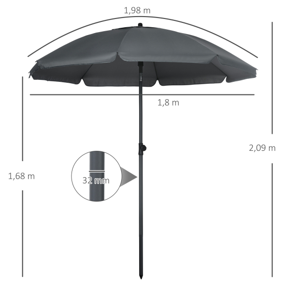 Outsunny Chapéu de Sol de Praia Grande Ø180 cm Chapéu de Sol de Exterior com Ângulo Ajustável Proteção UV50+ Mastro de Ø32 mm Cinza - Image 3