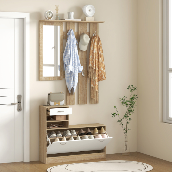 HOMCOM Móvel Cabide de Entrada de 3 Peças Armário de Entrada com Cabide Espelho Sapateira e Gaveta 90x10x102 cm Branco e Madeira - Image 8