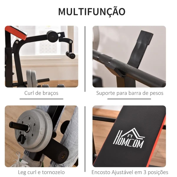HOMCOM Banco de Pesos Multifuncional Banco de Musculação com Encosto Ajustável Suporte de Barras para Fitness Treinamento Completo 175x139x127cm Preto - Image 5