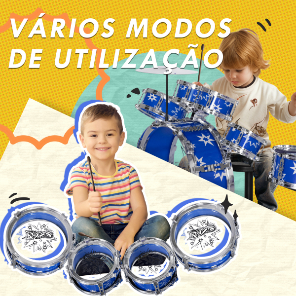 AIYAPLAY Bateria Infantil com Banco Bateria para Crianças acima de 3 Anos com Pedal e Baqueta Desenho de Estrelas 65x22x57 cm Azul - Image 7