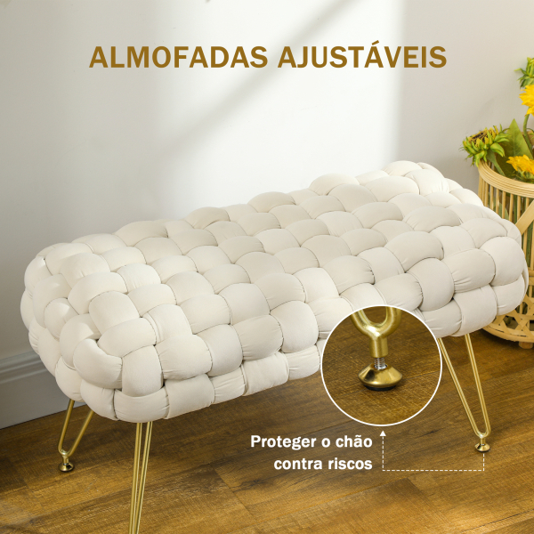 HOMCOM Apoio para os Pés Sala de Estar em Veludo com Pés de Metal e Assento Acolchoado para Dormitório Entrada 76x38x41,5 cm Creme - Image 7