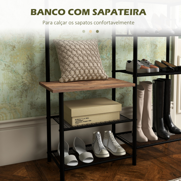 HOMCOM Móvel Cabide de Entrada com Sapateira 5 Prateleiras 6 Ganchos Estilo Industrial 92,5x28x182 cm Marrom Rústico - Image 5