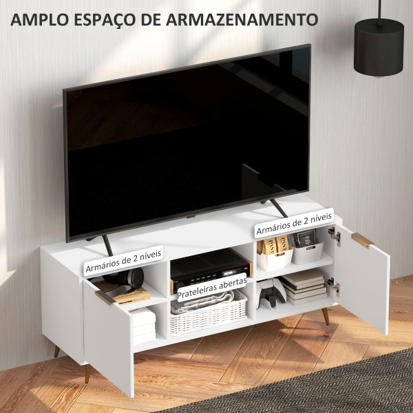 HOMCOM Móvel de TV Moderno Móvel de TV para Sala de Estar com 2 Compartimentos Abertos  para Televisores de 55 Polegadas 120x35x48 cm Branco - Image 6