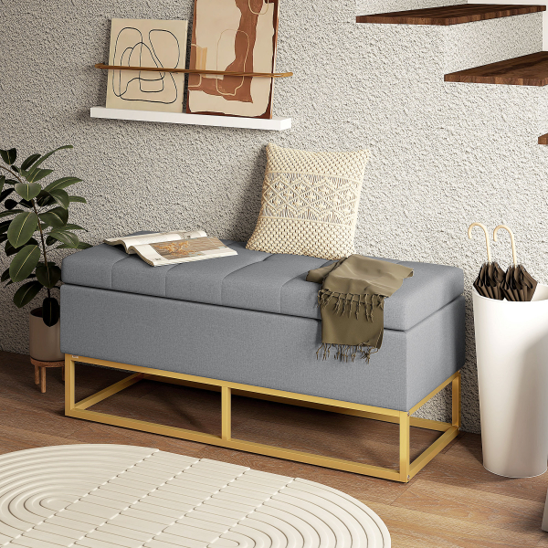 HOMCOM Banco de Armazenamento Retangular Estofado em Linho com Pés de Aço para Sala de Estar Dormitório 110x44x48 cm Cinza - Image 8