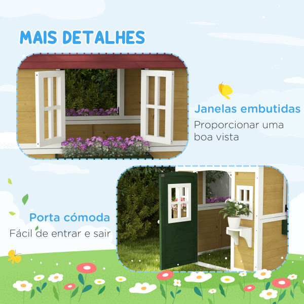 Outsunny Casa de Madeira para Crianças Casa de Brincar Infantil para Jardim  com Porta Janelas e Floreiras 114x126,5x135 cm Multicor - Image 7
