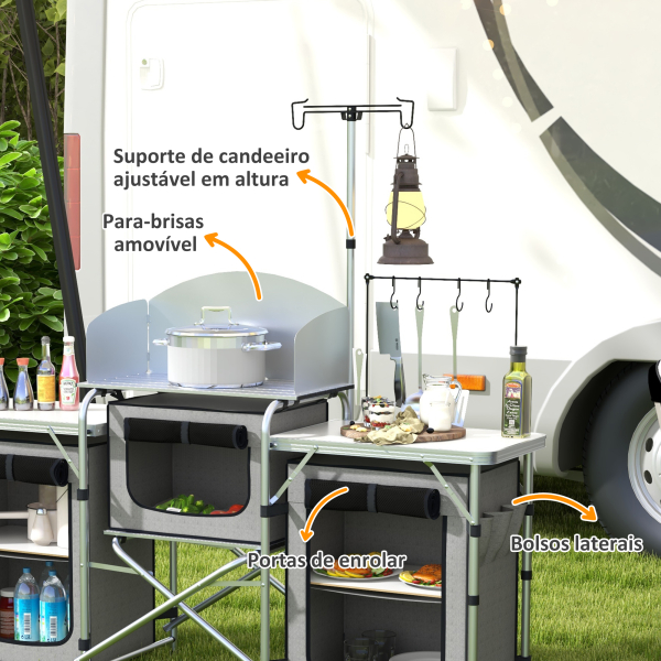 Outsunny Móvel de Cozinha para Campismo Armário Dobrável com 3 Tampos 3 Armários Suporte de Luz 4 Ganchos 172x48x119 cm Cinza - Image 5