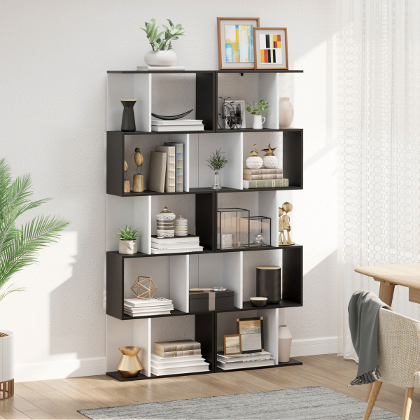HOMCOM Estante para Livros Estante Alta de Parede com 5 Níveis em Forma de S Desenho Moderno 60x24x184,5 cm Branco e Preto - Image 8