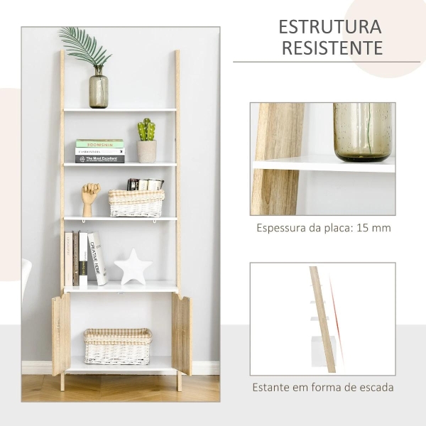 HOMCOM Estante em Forma de Escada de Madeira com 3 Prateleiras e 1 Armário Estante de Estilo Nórdico Moderno 60x40x171cm Carvalho e Branco - Image 5