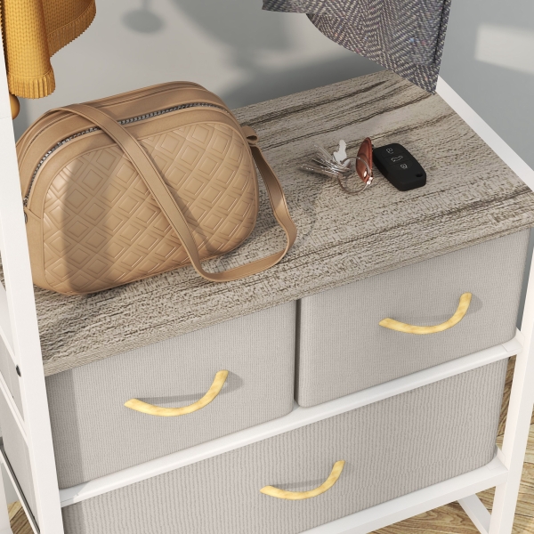 HOMCOM Suporte para Cabides com 3 Gavetas de Tecido Barra para Pendurar e Prateleira para Entrada Quarto 58,5x30x178 cm Natural - Image 9