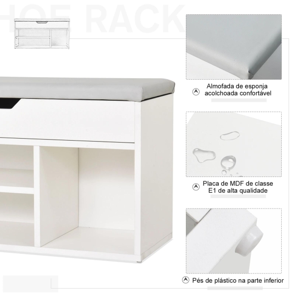 HOMCOM Sapateira com Assento Acolchoado Carga máxima de 120kg MDF 80x30x43cm Branco - Image 7