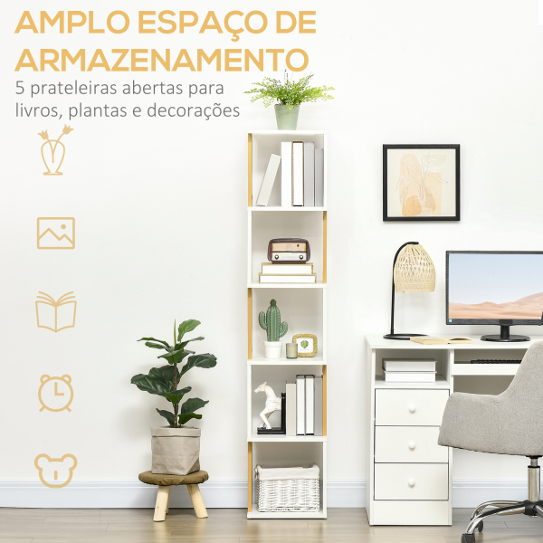 HOMCOM Estante de Livros em Forma de S Estante com 5 Prateleiras Abertas para Sala de Estar Escritório Anti-Tombo 33x28x161cm Branco - Image 6