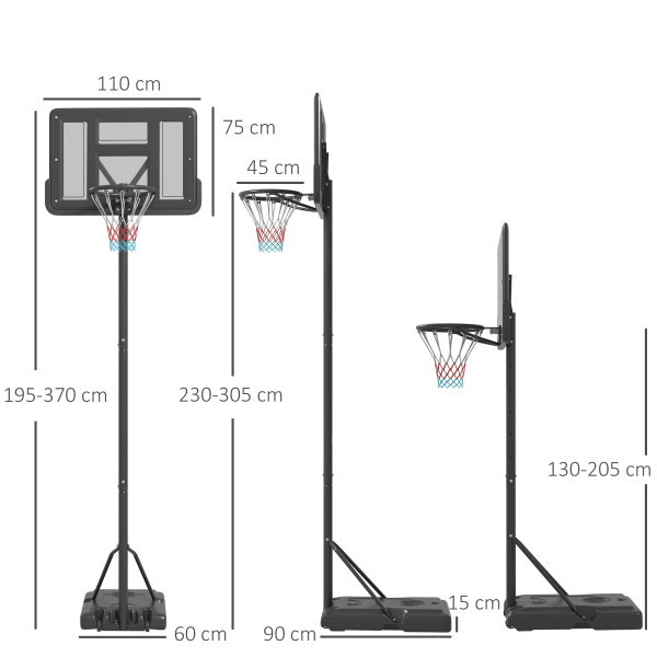 SPORTNOW Tabela de Basquetebol com Altura Ajustável 230-305 cm para Piscina com Rodas e Base Preenchível 110x75x195-370 cm Preto - Image 3