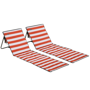 Outsunny Conjunto de 2 Esteiras de Praia Dobrável Esteiras Acolchoadas com Encosto Reclinável  142x51x40 cm Branco e Vermelho