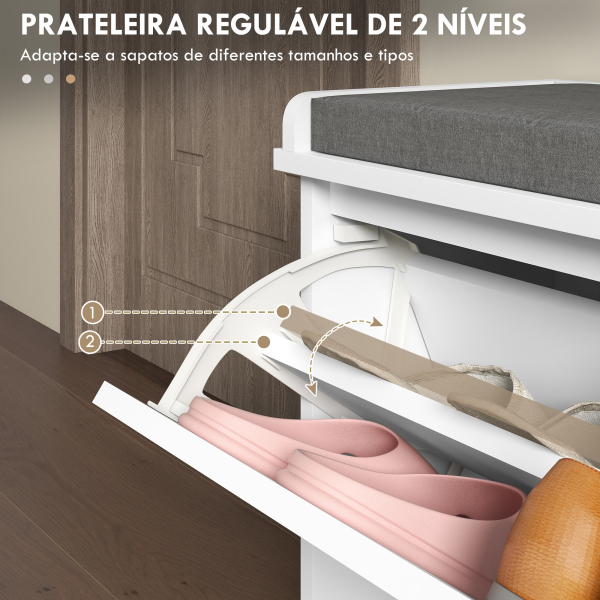HOMCOM Banco Sapateira Moderno de Madeira com Prateleiras Ajustáveis e Almofada Acolchoada para 8 Pares de Sapatos 80x26x44,5 cm Branco - Image 6