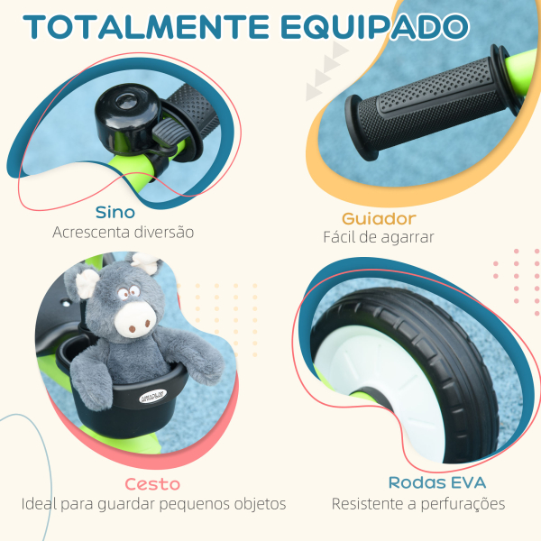 AIYAPLAY Triciclo para Crianças de 2 a 5 anos com Assento Ajustável Cesta Buzina e Pedais e 3 Rodas 70,5x53x58 cm Verde - Image 6