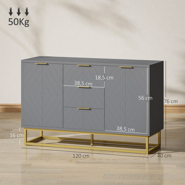 HOMCOM Aparador Auxiliar Armário de Armazenamento com 3 Gavetas e 2 Armários com Prateleira Ajustável 120x40x76 cm Cinza - Image 3
