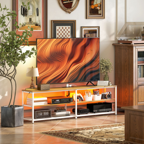 HOMCOM Móvel de TV com Luzes LED Controlo Remoto Extensão e 2 Compartimentos Móvel para Televisores de até 65 Polegadas 159x29x46,5 cm Madeira - Image 2