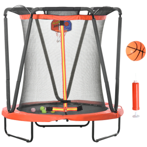 ZONEKIZ Trampolim Infantil Ø140x155 cm Trampolim para Crianças de 3-10 Anos com Cesta de Basquetebol e 20 Bolas de Plástico Vermelho
