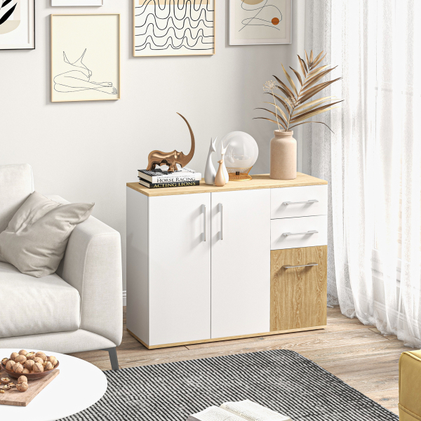 HOMCOM Aparador Sala de Estar Moderno com 2 Gavetas 2 Armários e Prateleiras Ajustáveis 90x30x75,5 cm Branco e Madeira - Image 7