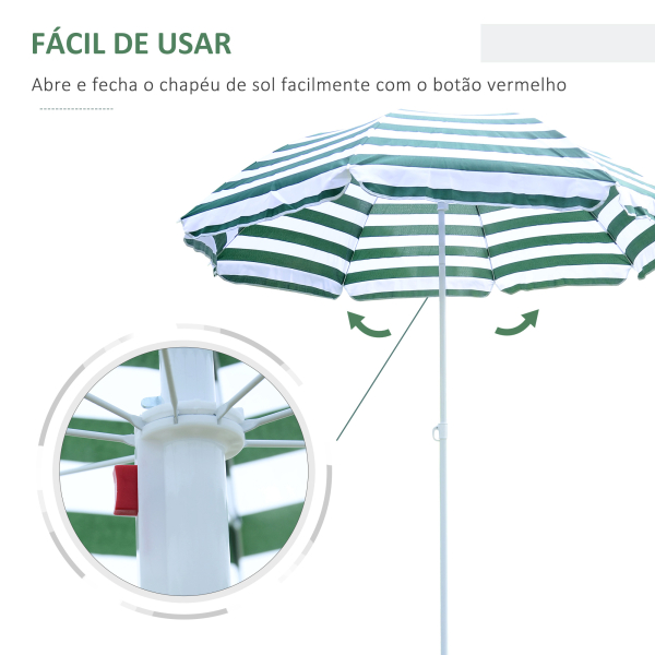 Outsunny Chapéu de Sol de Praia Ø180cm com Teto Inclinável e Mastro de Metal Proteção Solar para Jardim Terraço Exterior Listras Verdes e Branco - Image 4
