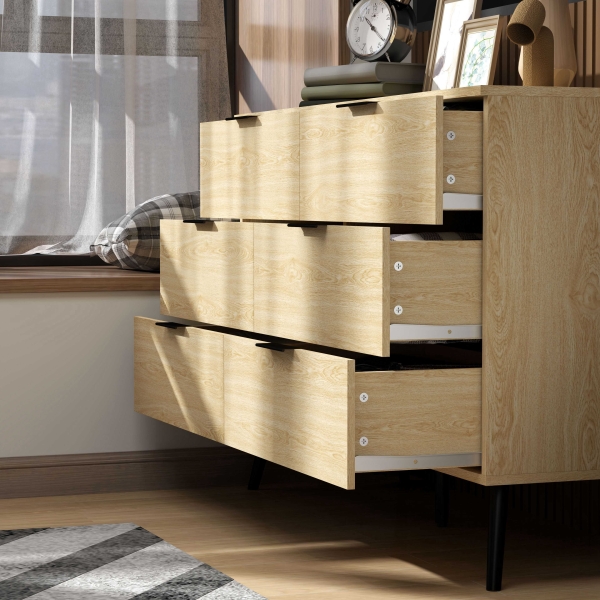 HOMCOM Cómoda com 6 Gavetas Cómoda para Dormitório Cómoda Moderna com Desenho Anti-Tombo  110x40x75 cm Carvalho - Image 8