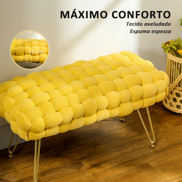 HOMCOM Apoio para os Pés Sala de Estar em Veludo com Pés de Metal e Assento Acolchoado para Dormitório Entrada 76x38x41,5 cm Amarelo - Image 6