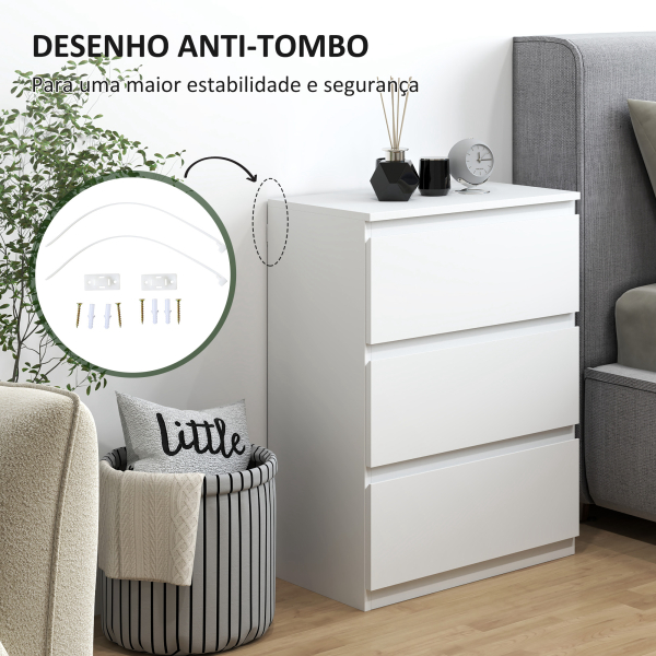 HOMCOM Cómoda com 3 Gavetas de Madeira Cómoda de Dormitório Cómoda Branca Estilo Moderno 55x34x75 cm Branco Brilhante - Image 6