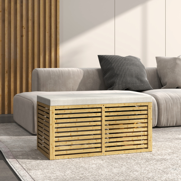 HOMCOM Baú de Arrumação para Dormitório 122L Estofado em Linho Sintético com Almofada Estrutura de Bambu 90x42x43 cm Cinza e Madeira - Image 2