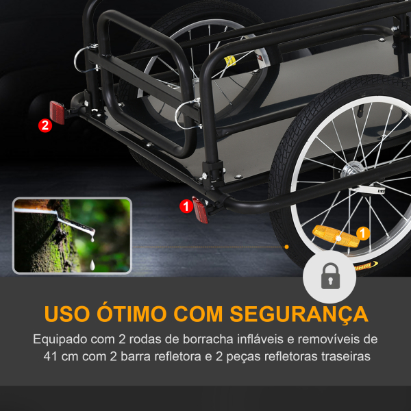 PawHut Reboque de bicicleta dobrável para carregamento de bagagem de 40kg com estrutura de aço leve e refletores 139x71,5x49 cm Preto - Image 7