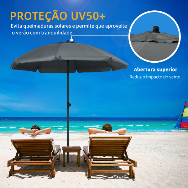 Outsunny Chapéu de Sol de Praia Grande Ø180 cm Chapéu de Sol de Exterior com Ângulo Ajustável Proteção UV50+ Mastro de Ø32 mm Cinza - Image 4